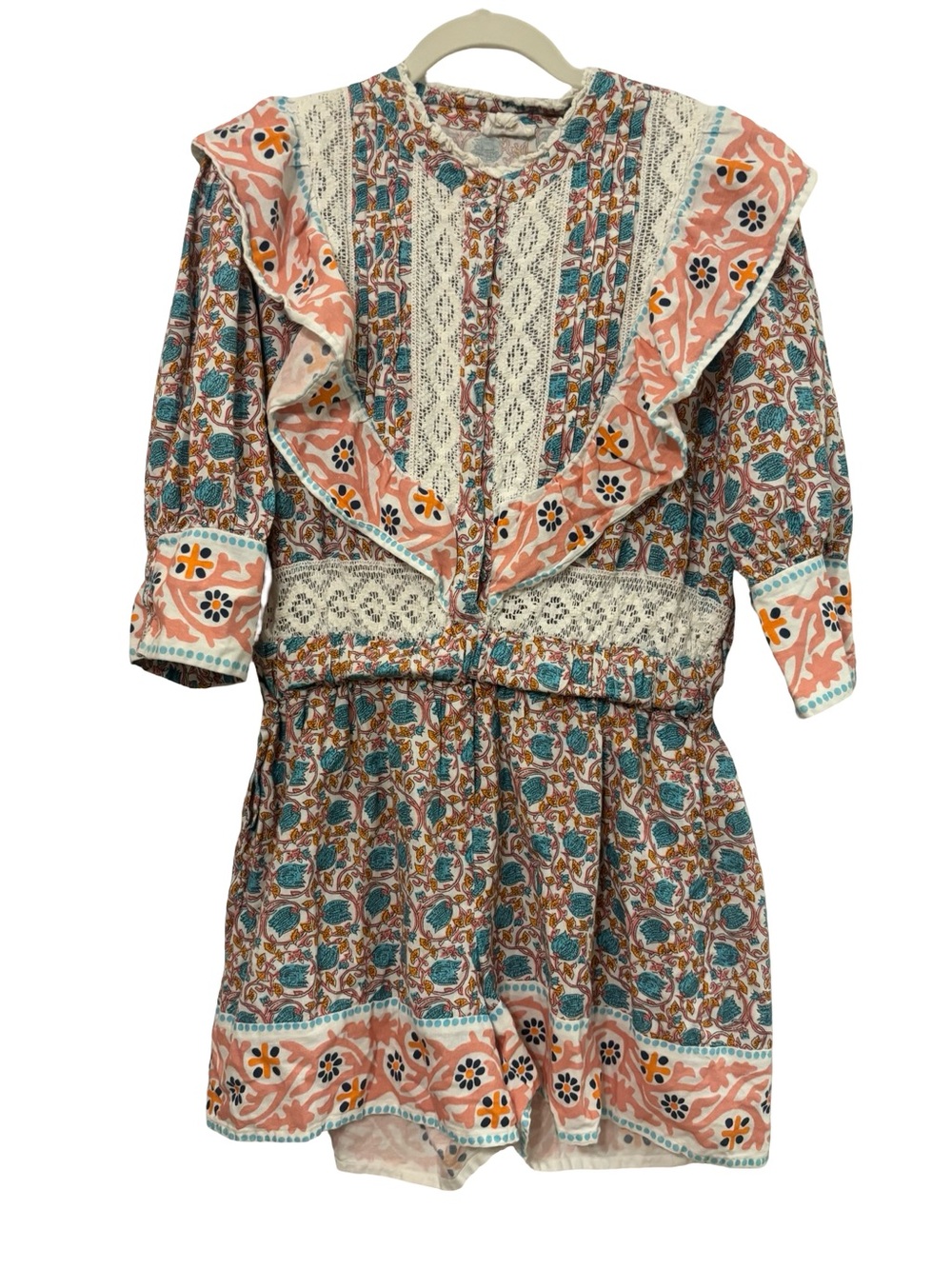 Floral Print Ruffle Boho Cottagecore Prairie Festival Romper Peach Teal XL